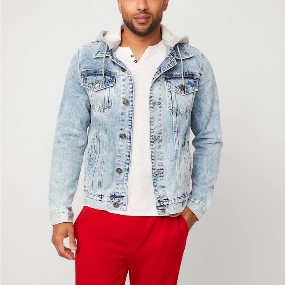 New Guess Blue Denim Jacket with Gray Hood